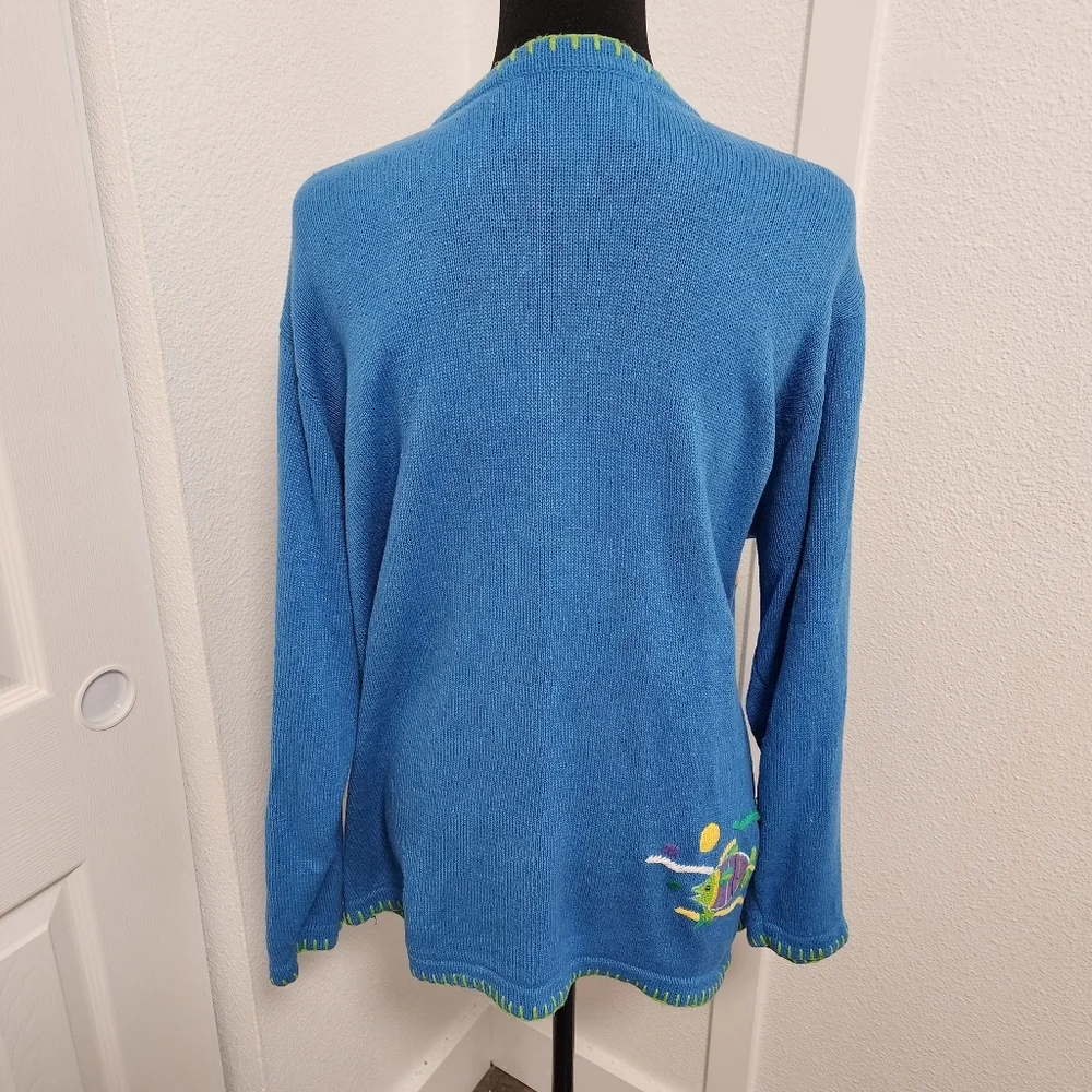 Vintage Quacker Factory Blue Tropical Seashort Cardigan Sweater - Picture 4 of 9